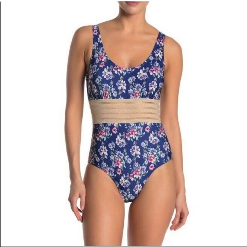 Nicole Miller New York One Piece Blue Floral Pattern mesh middle